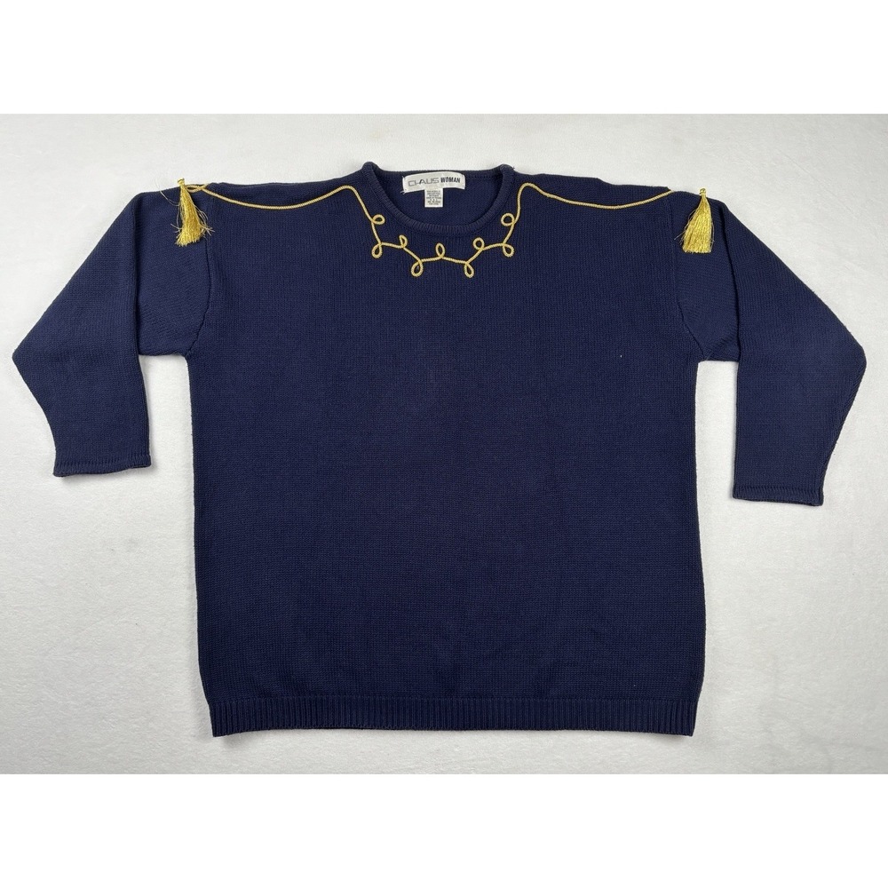 Vintage Chaus Woman Navy Gold Tassel Novelty Knit Sweater Women's Medium